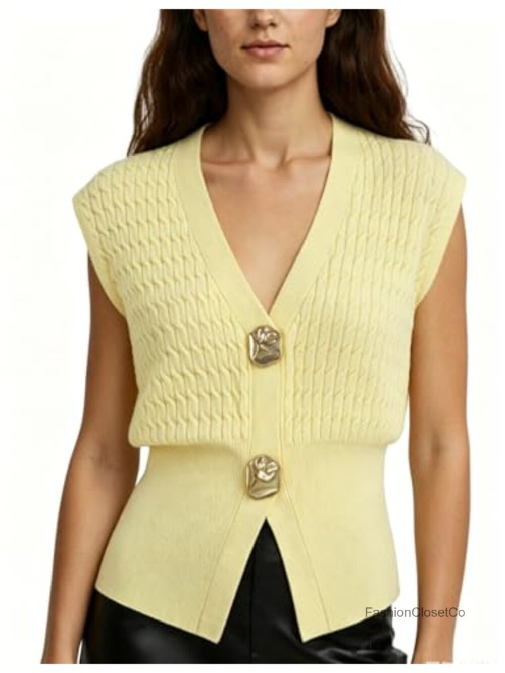 Sleeveless Cable Knit Sweater Vest Women V Neck Cardigan Tops